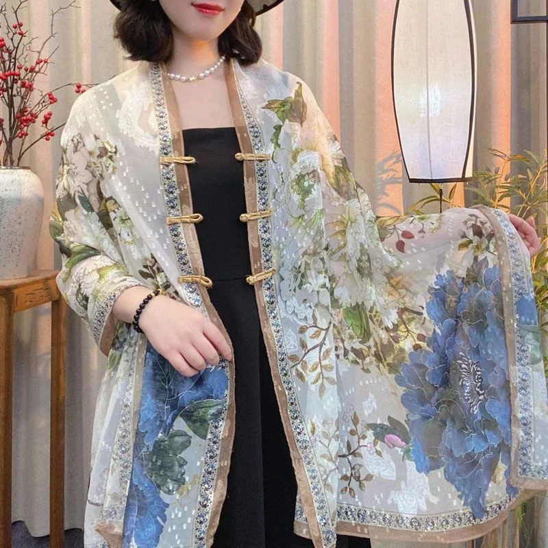 【可可围巾】夏季2025年新款贵妇披肩新中式外搭旅游防晒丝巾气质款