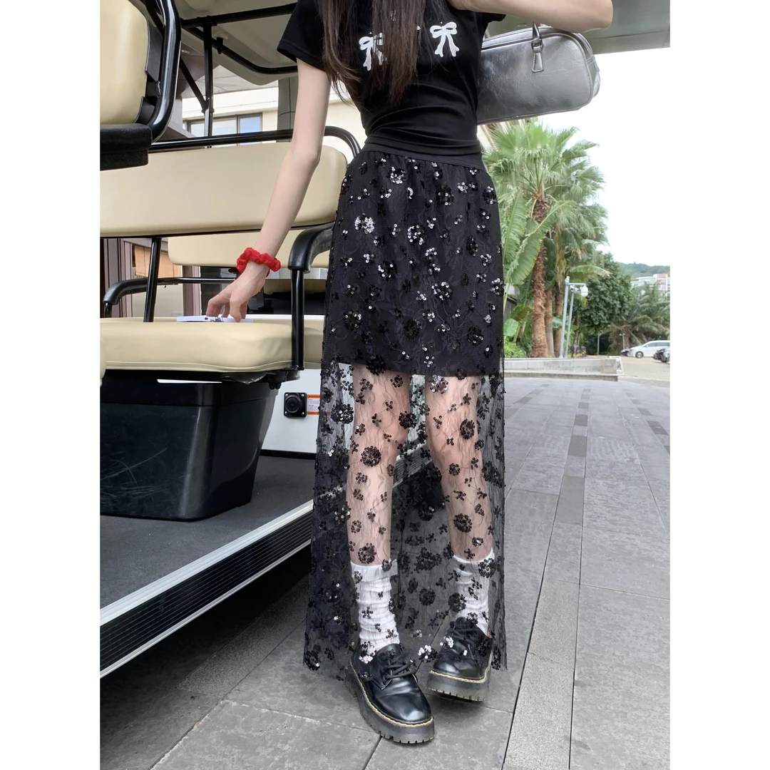 设计感亮片网纱半身裙女春夏中长款a字性感辣妹高腰裙子半身长裙