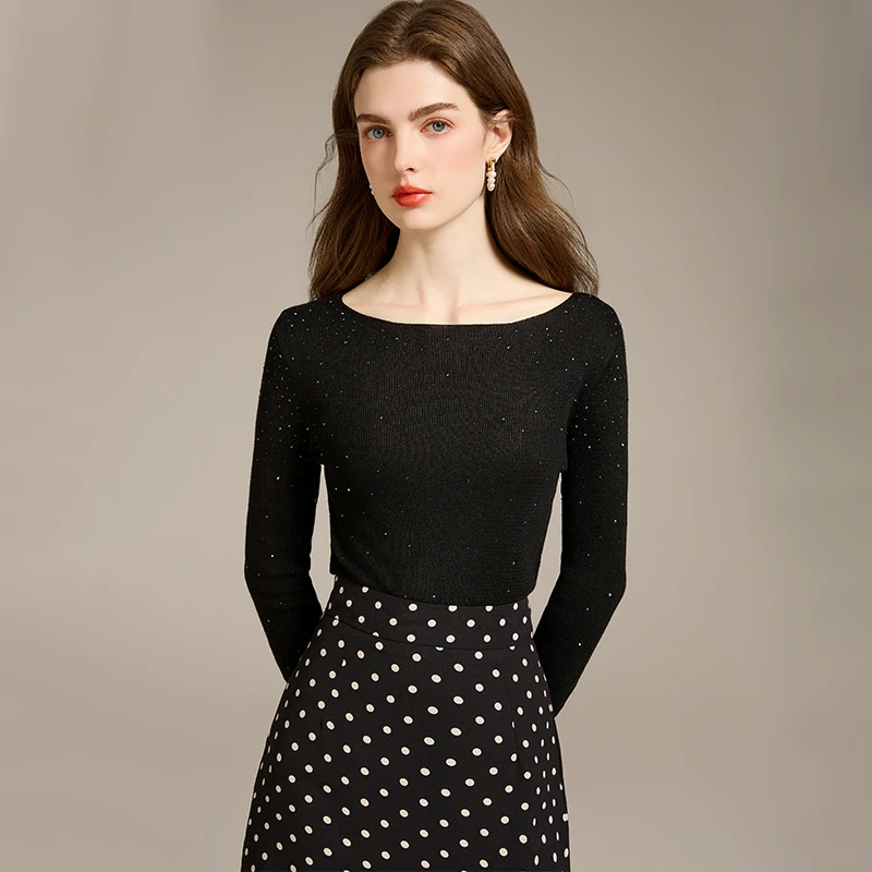 2025春秋新款重工烫钻满天星一字领毛衣修身内搭针织打底衫女毛衣