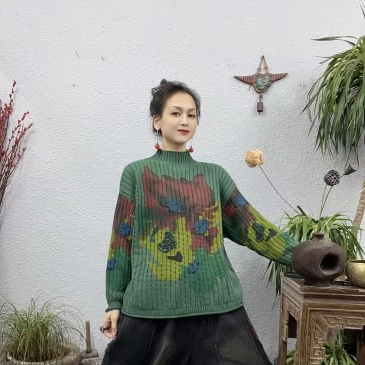 25112棉线前后可穿印花中领毛衣上衣（长60胸围132