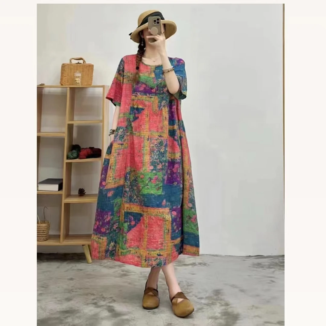 2610-7彩色色块棉麻圆领三角打皱连衣裙（长115胸围116