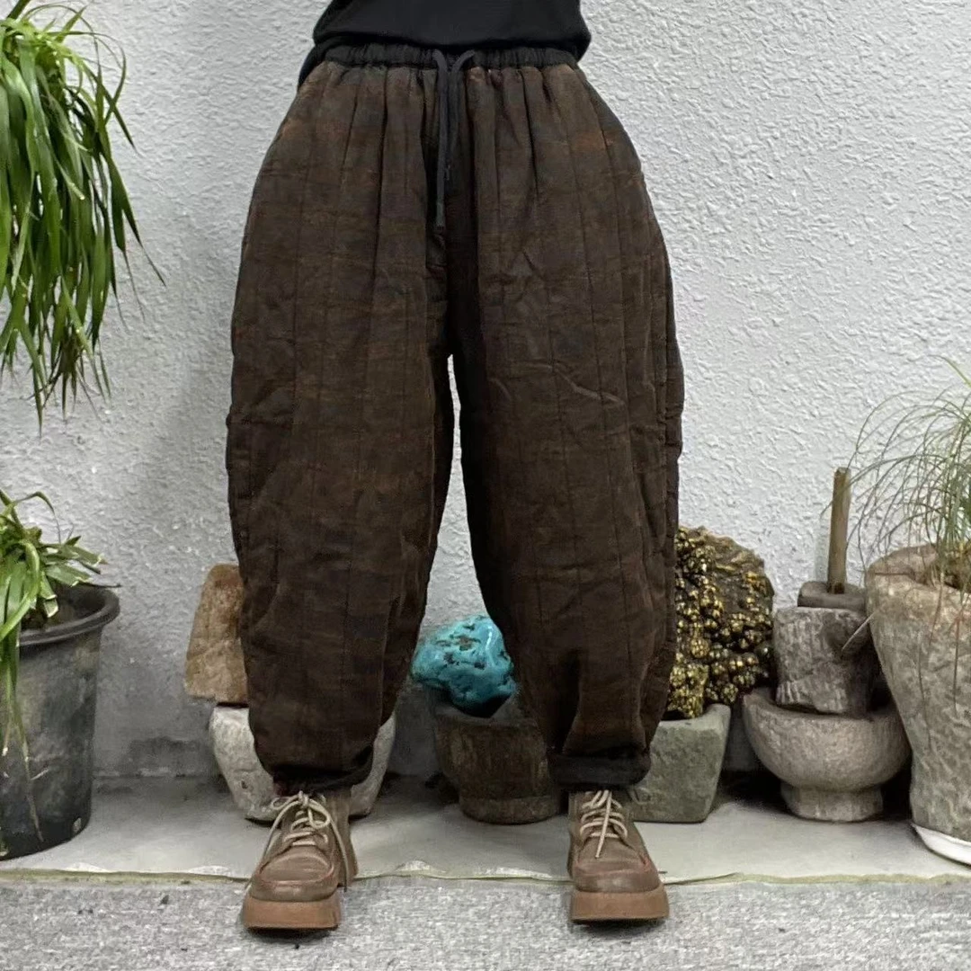 085夹棉竖压纹炒色色织麻撞色腰休闲裤（长91臀围134脚口38