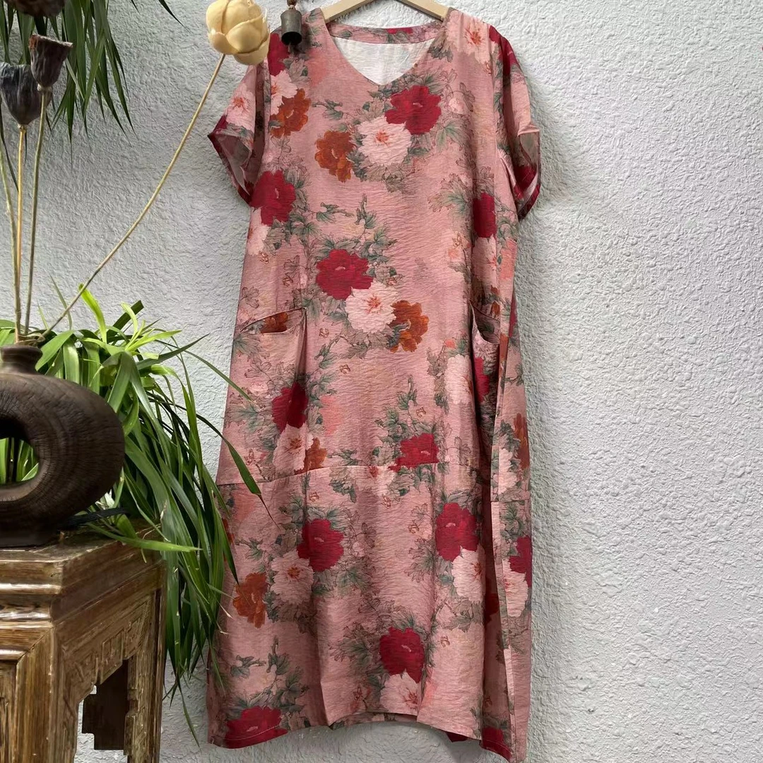 3767-5粉色花V领葫芦版丝麻连衣裙（长110胸围116