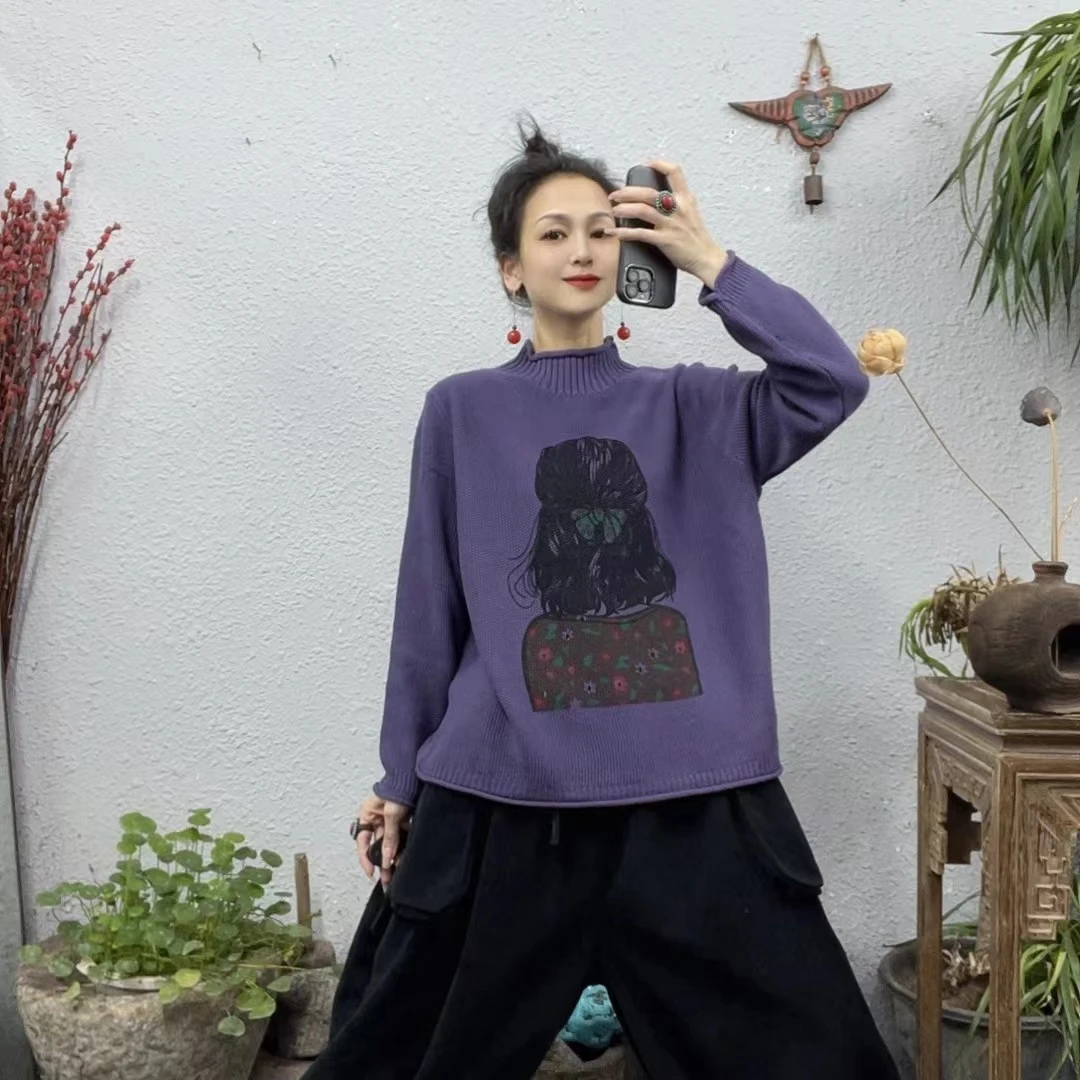 98118棉线中领印胶蝴蝶结背影图毛衣上衣（长62胸围120