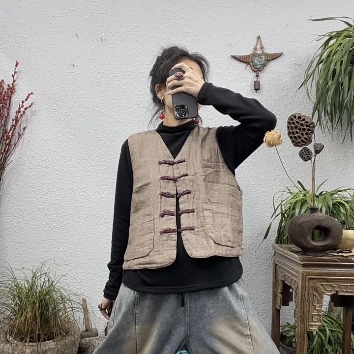 373夹棉亚麻盘扣里布花色马甲（长51胸围118