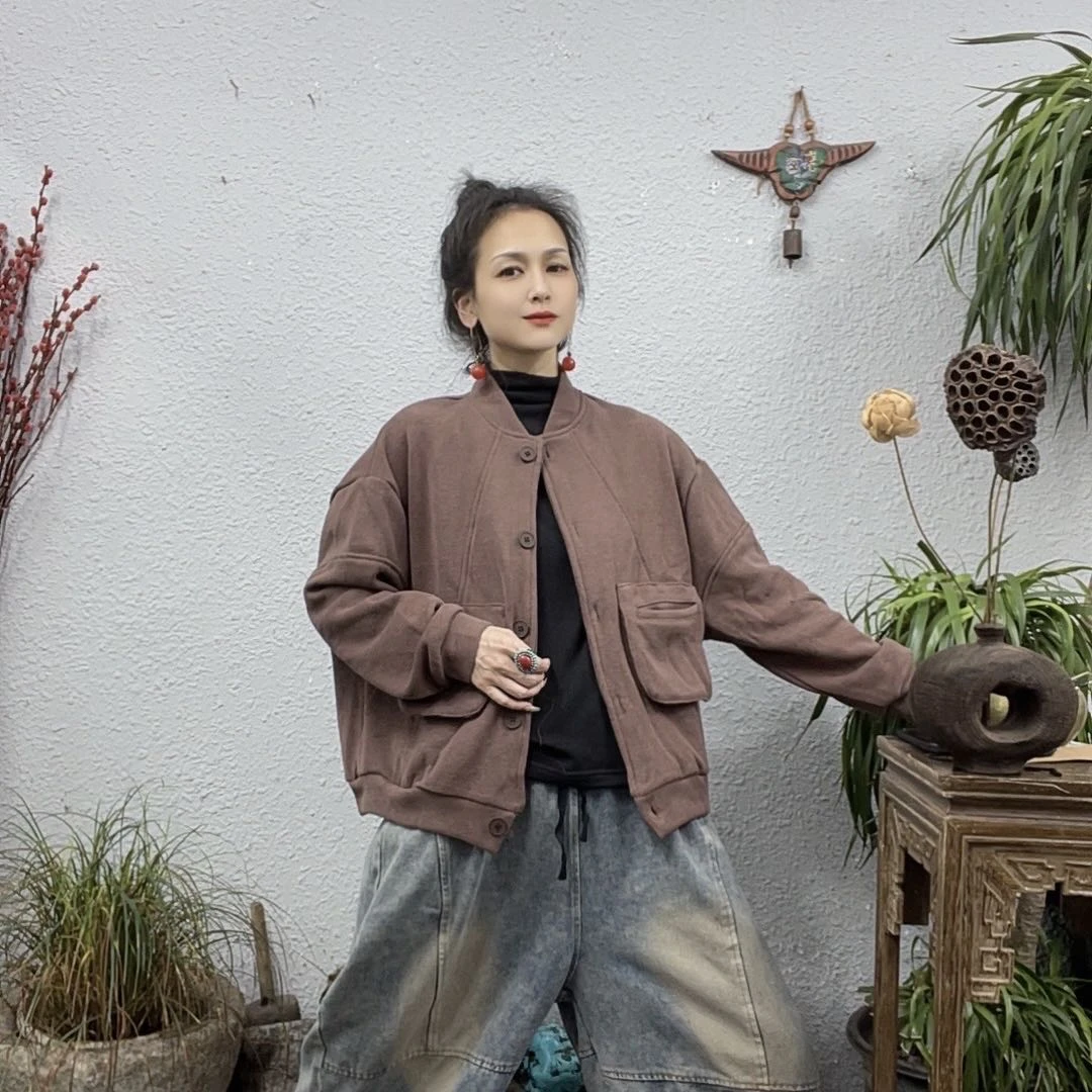 8761加绒棒球领立体口袋光版外套上衣（长58胸围130