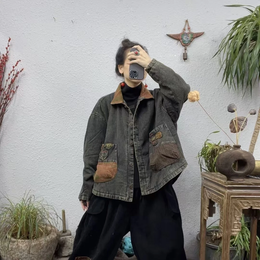 3005夹棉领拼橘绿花翻领两口袋重工炒色牛仔外套（长63胸围140