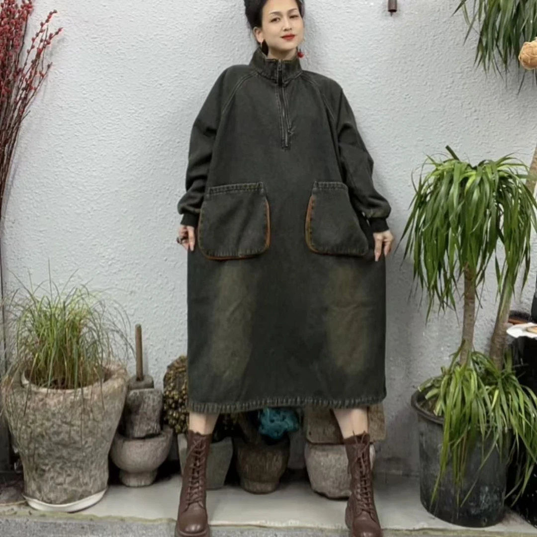 30333加绒立领半拉链插肩袖炒色牛仔连衣裙（长106胸围138