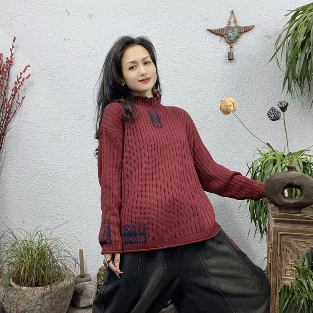 69955棉线中高领前织雪花纹毛衣上衣（长63胸围130