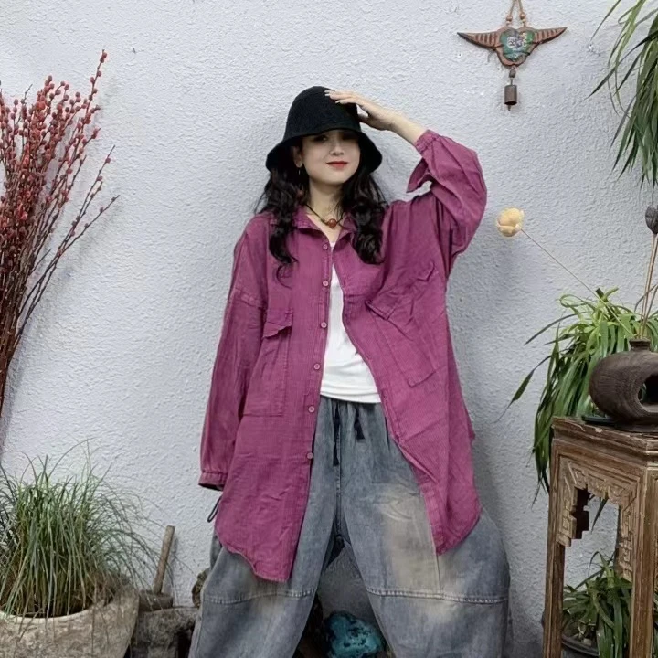 122色织麻竖条纹长袖衬衫上衣（长80-88胸围148