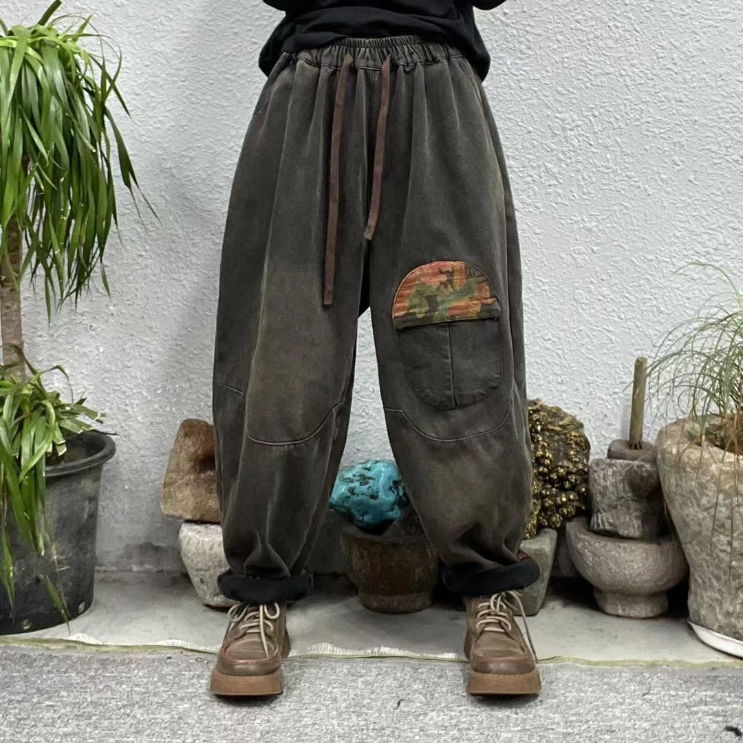 712加绒左腿半拼黑花口袋炒色牛仔裤（长98臀围134脚口38