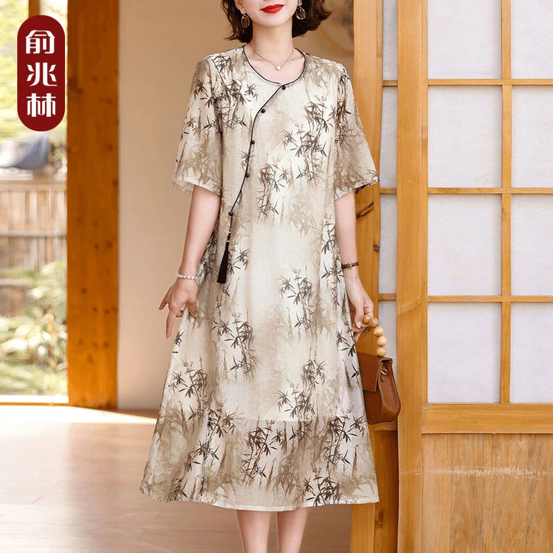 妈妈夏装国风女装2024新款阔太太洋气中老年新中式短袖旗袍裙子