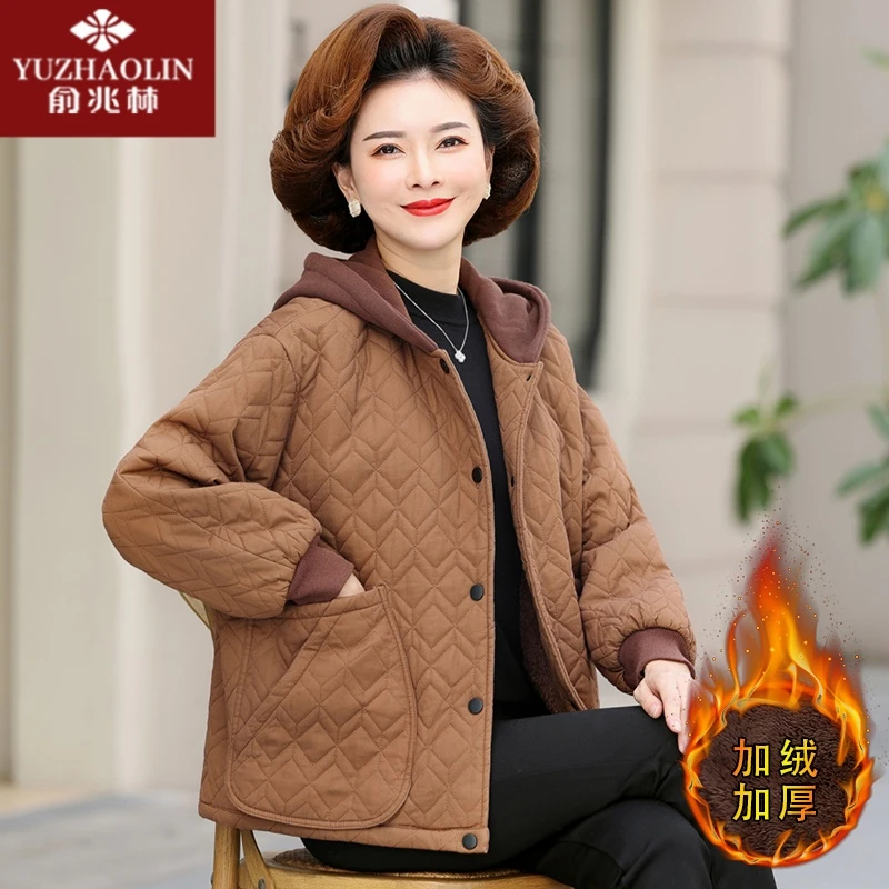 妈妈秋冬加绒外套洋气小棉袄时尚中老年女装冬装新款大码加厚棉衣