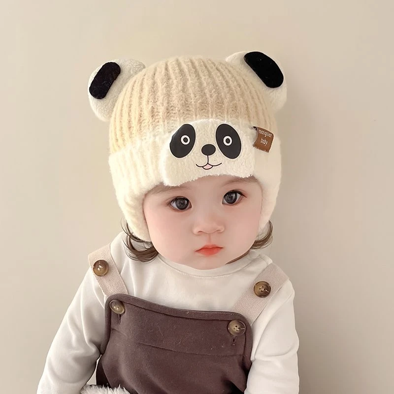 婴儿帽子秋冬款毛线帽男宝宝女熊猫婴幼儿可爱针织加厚保暖护耳冬