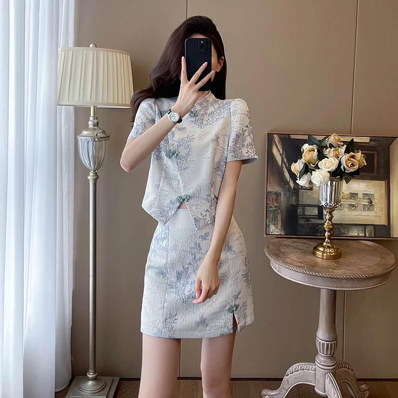 新中式国风提花套装女2024年夏季新款高级感盘扣上衣包臀裙两件套