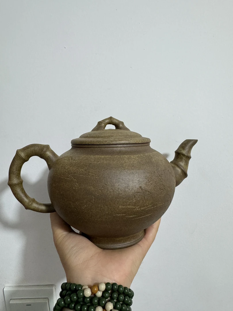 宜兴紫砂原矿珍藏泥料龙背青永安柴烧全手工大圆竹报春紫砂壶茶壶