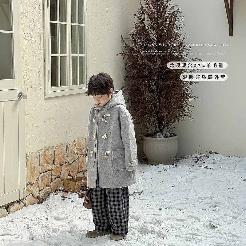 虾酱麻麻男童呢子大衣冬季2024新款男孩中长款加厚儿童装毛呢外套