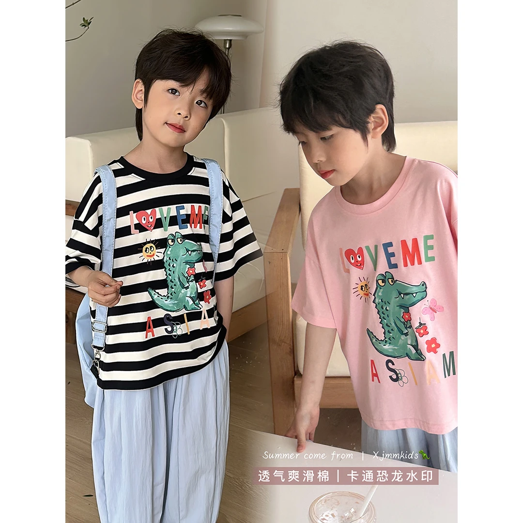 虾酱麻麻男童短袖t恤夏季薄款2024新款中大童撞色条纹儿童装上衣