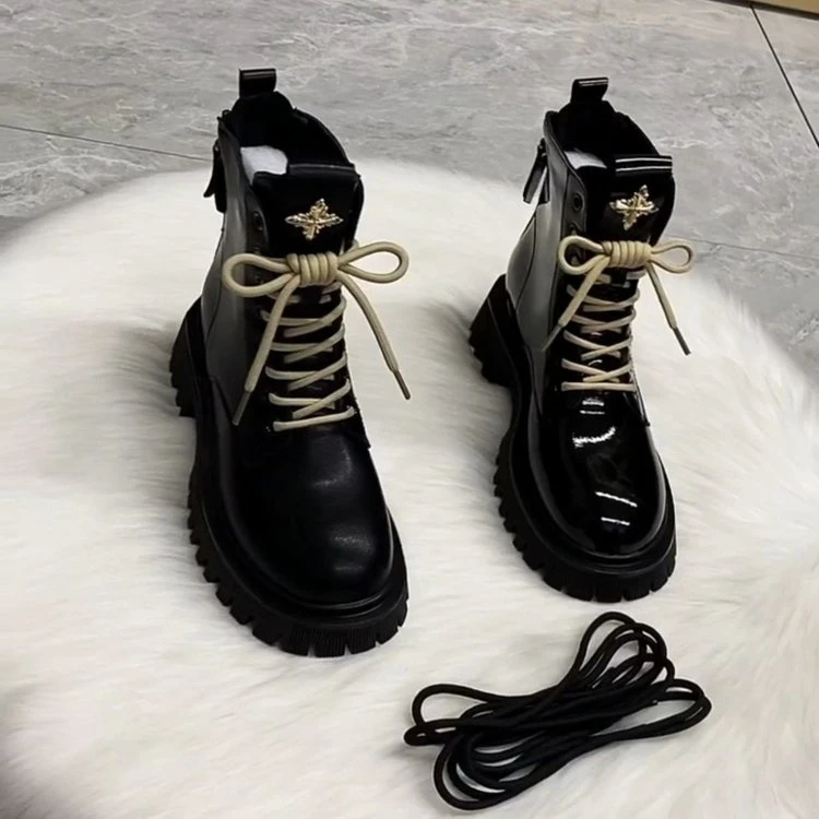 皮面厚底马丁靴女英伦风2024年新款秋冬厚底加绒松糕百搭小短靴子