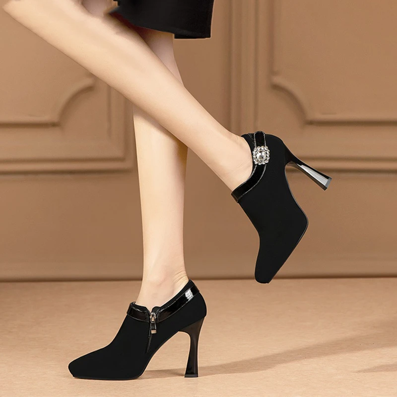 2024新款春季尖头深口高跟鞋女鞋粗跟磨砂皮气质小皮鞋中口单鞋子