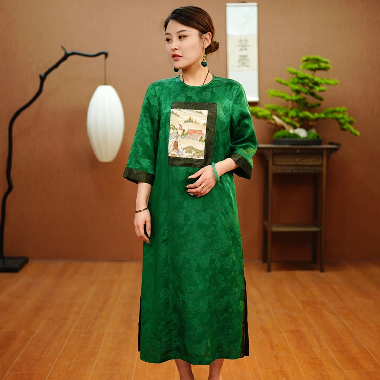 【芸墨质造】-锦瑟 中式绿色花萝提花长款连衣裙拼接设计日常百搭