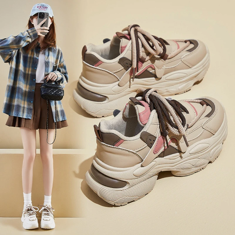 厚底4.5cm新款老爹鞋女2024秋季学生跑步运动增高休闲鞋ins韩版