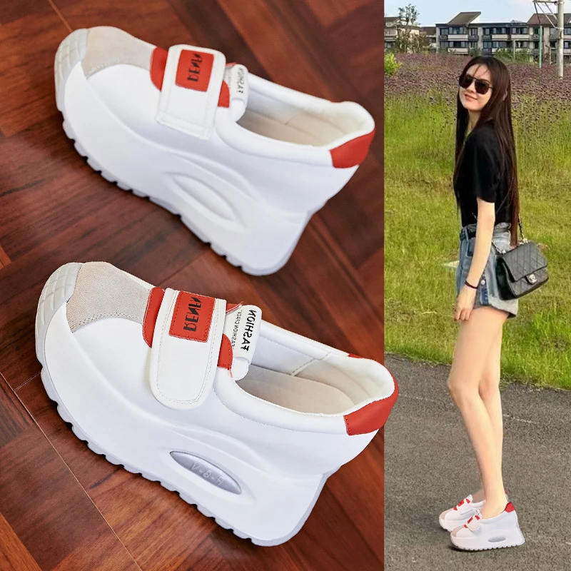 内增高8cm厚底阿甘鞋女2024春秋季新款浅口透气松糕休闲小白鞋