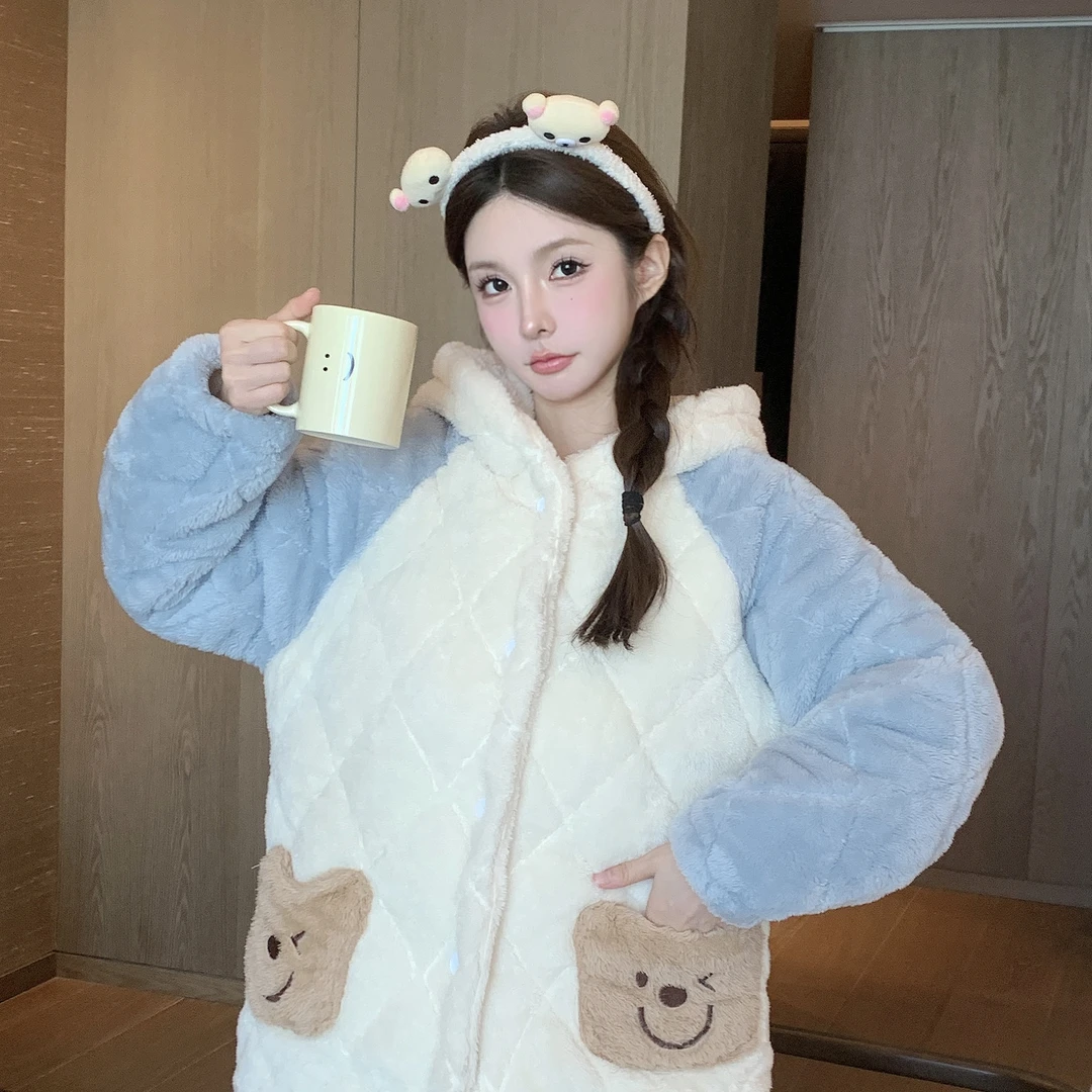 【小白熊】2024新款北极绒三层夹棉睡衣加厚保暖长款家居服棉装