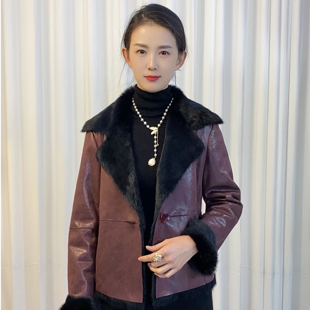 【东方佳人】冬季整张兔毛皮毛一体时尚简约皮草外套-68765