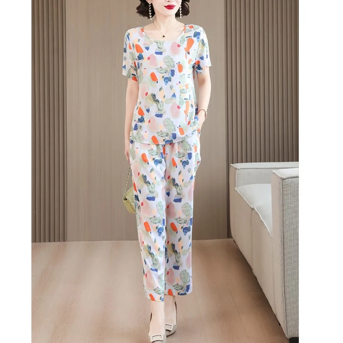 洋气棉绸套装女夏季短袖花色大码妈妈时尚显瘦外穿休闲气质两件套
