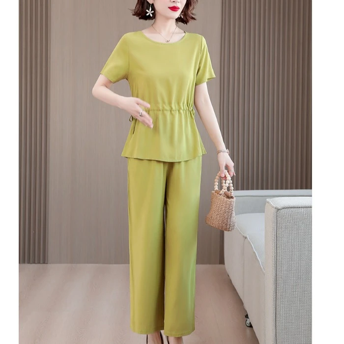 中年妈妈绵绸套装时尚外穿夏季气质两件套收腰大码抽绳九分裤显瘦