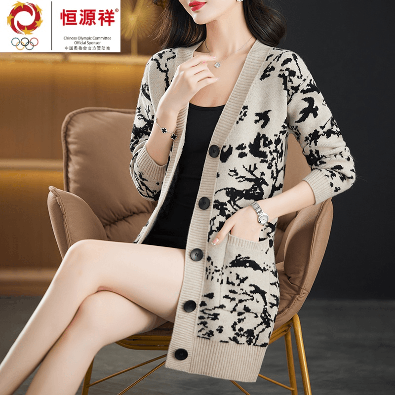 fazeya/彩羊 恒源祥集团大码宽松针织碎花毛衣外套秋冬新款中长款羊毛开衫