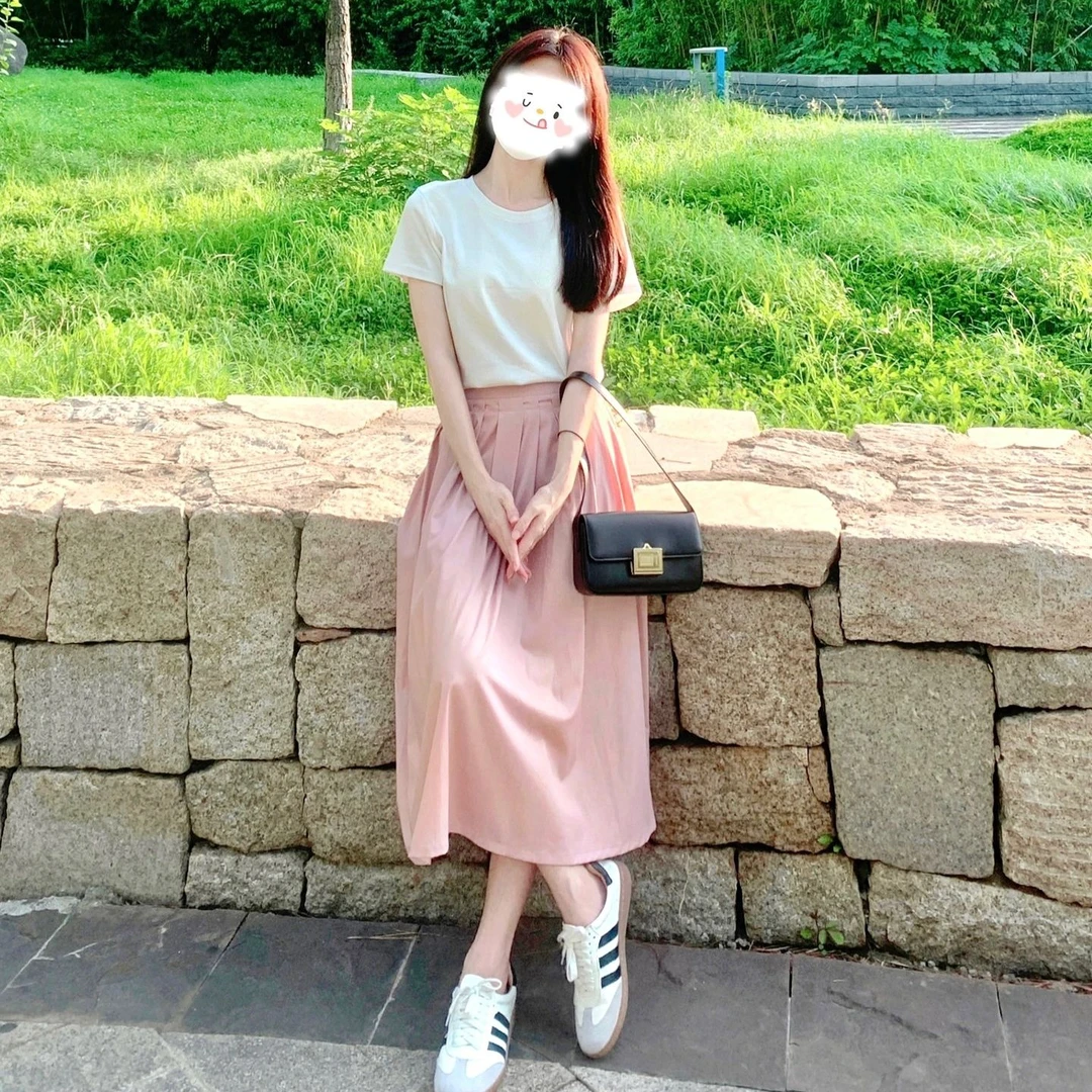 [温婉]2023春季新品气质韩版高腰中长款套装T恤肌理百褶半身裙