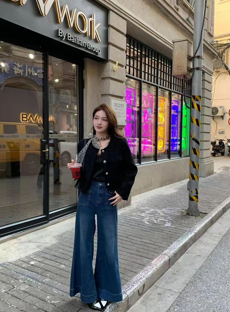 【多伦多】秋季时尚韩系小香风短款外套搭配高腰复古牛仔裤气质套装