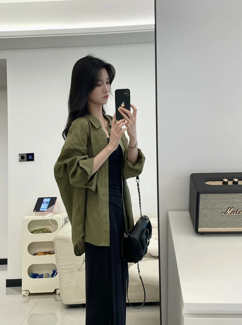 【理想型】苔藓绿长袖衬衫女夏2025新款透气宽松防晒衬衣吊带裙