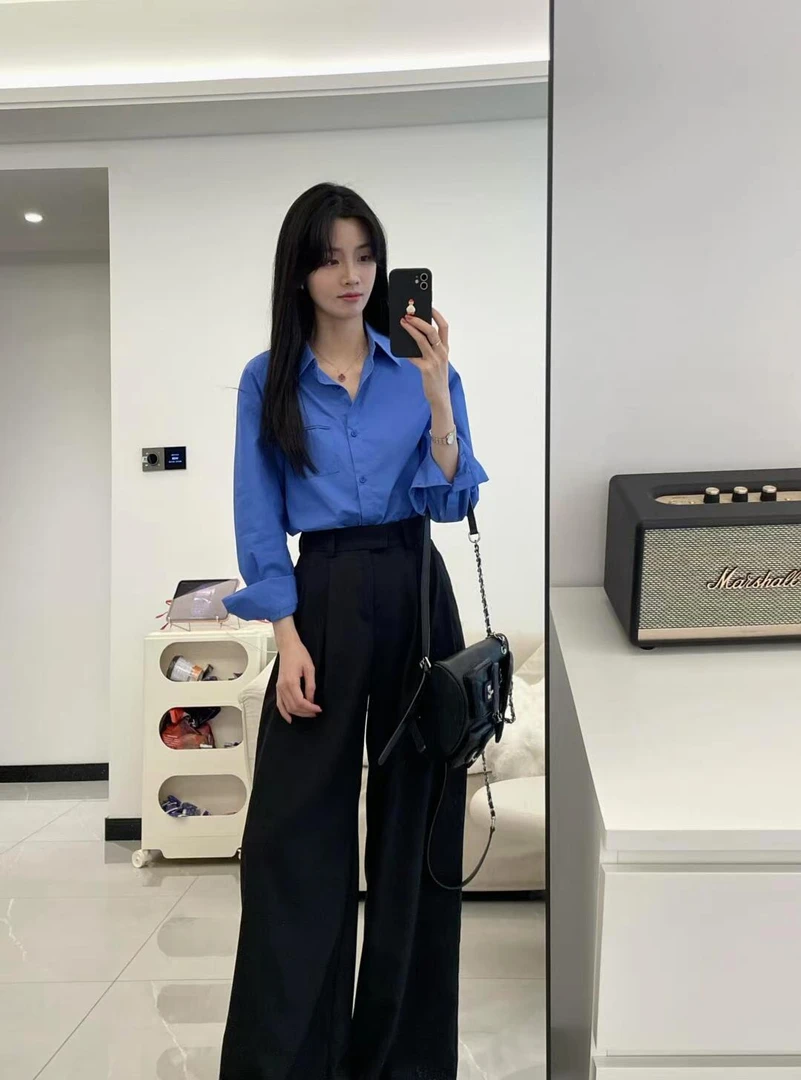 【星与海】秋季气质长袖蓝色衬衫搭配黑色高腰西装阔腿裤简约两件套