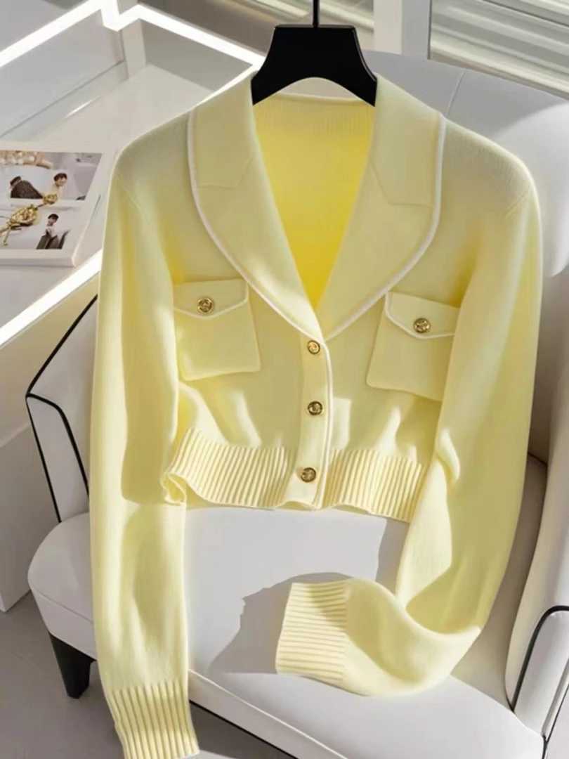 【黄油起司】秋冬气质温柔黄色V领开衫针织毛衣设计感毛针织衫