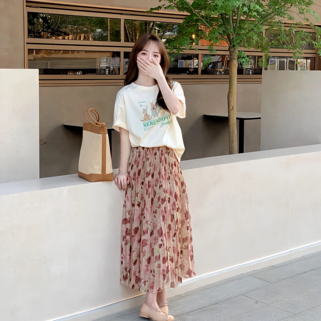 【莫奈玫瑰】0712夏季短袖女T恤碎花褶皱百褶半身裙高腰显瘦
