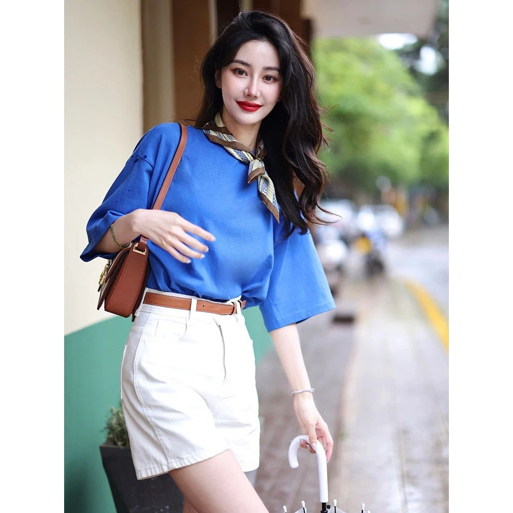 高级感上衣两件套装2024新款港风chic蓝色T恤搭配高腰短裤洋气