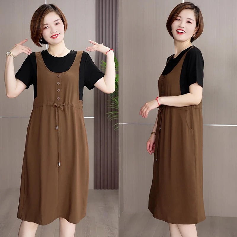 恩狐夏季宽松中长款连衣裙女大码时尚遮肚休闲假两件裙子妈妈装夏