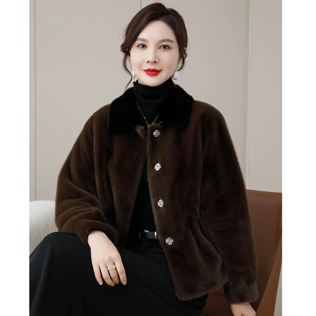 恩狐休闲百搭纯色短款外套冬季皮毛一体时尚开衫加厚保暖上衣