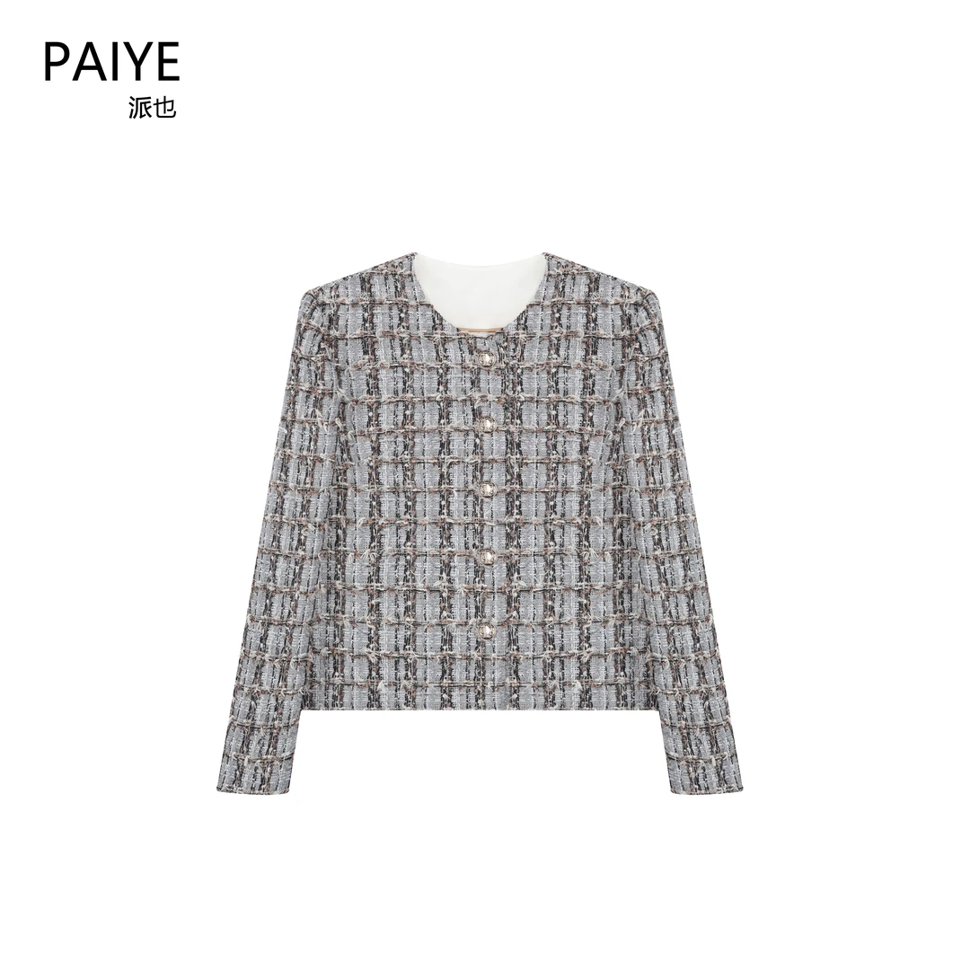 法式灰色千鸟格小香风外套女长袖高级感2025春秋季轻奢上衣A71809