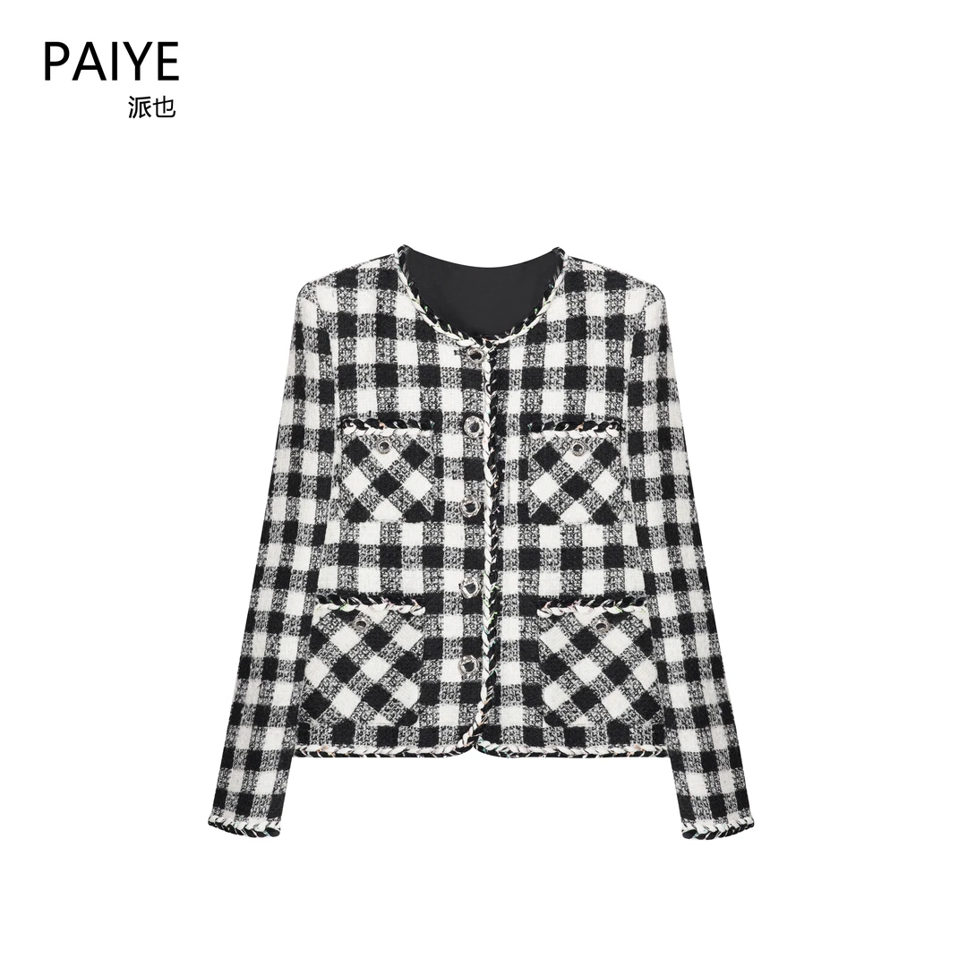 黑白千鸟格小香风短外套女2025春季气质显瘦长袖短款上衣A71163