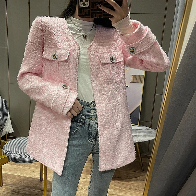 2025春秋季新品时尚纯色气质修身显瘦粉色小香风外套女D66028毛呢