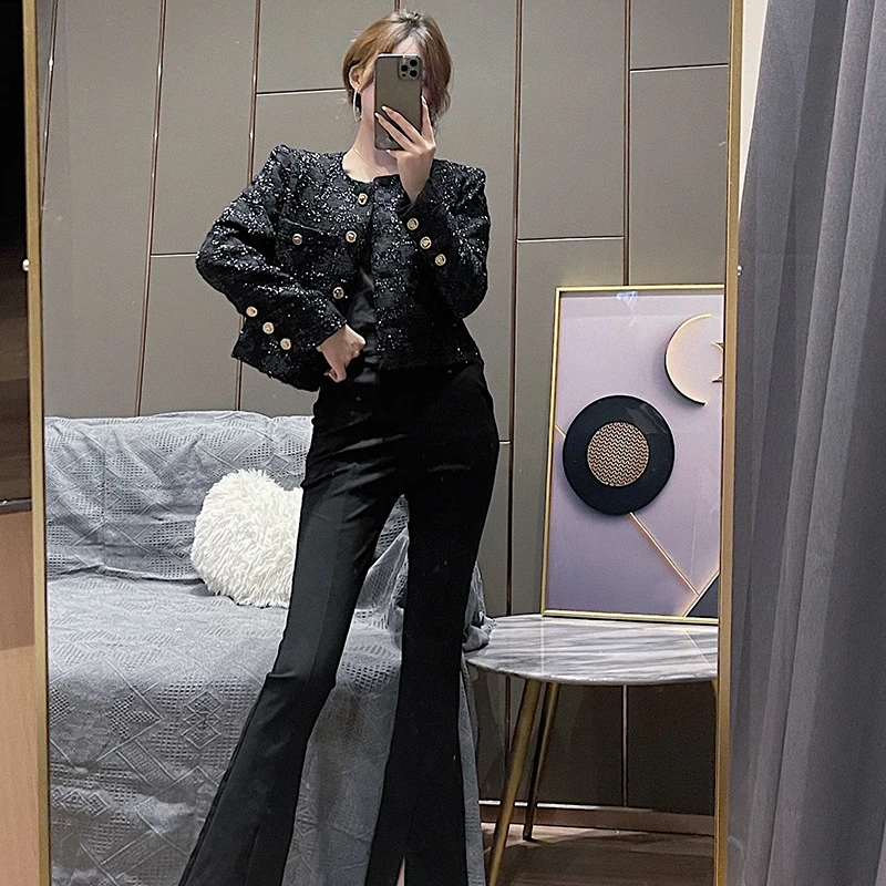 2025秋季新品时尚纯色气质修身显瘦黑色亮片小香风外套女D66006