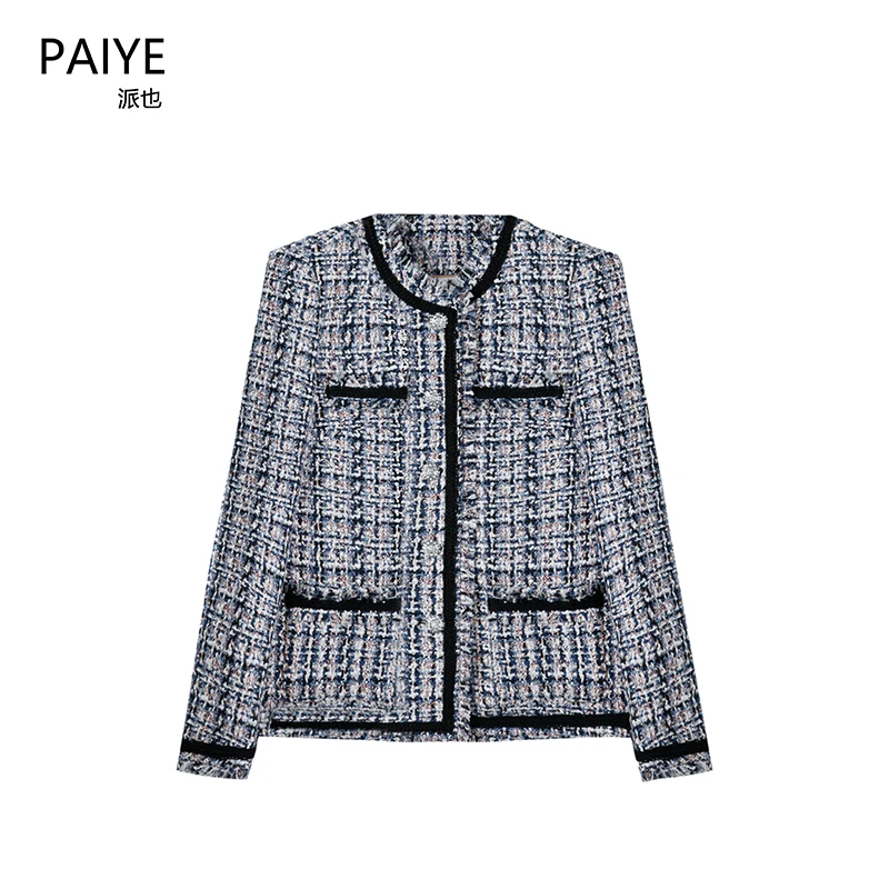 新国标90白鸭绒羽绒内胆重工时尚粗花呢上衣蓝色编织小香风A72029