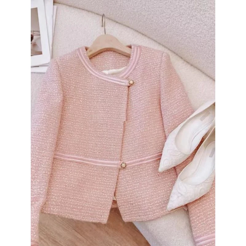2025秋冬新款高级感不规则气质粉色粗花呢亮片小香风外套女B9309