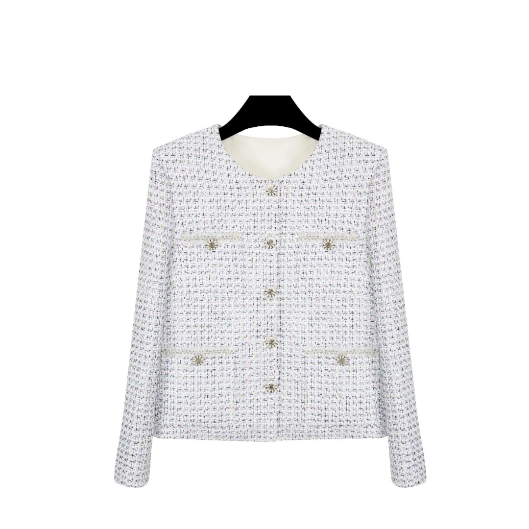 彩色千鸟格气质时尚重工织带混纺编织小香风粗花呢外套A71009上衣