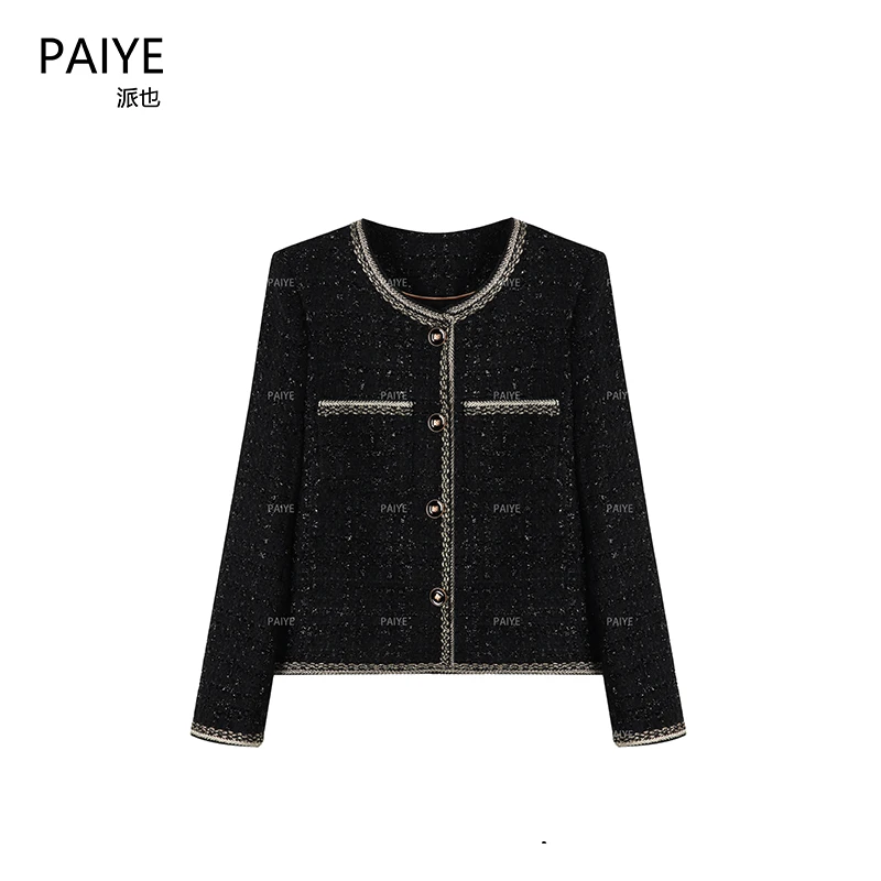 【月落星辰】秋新款重工小香风外套定制黑色纱线混纺编织上衣A60712