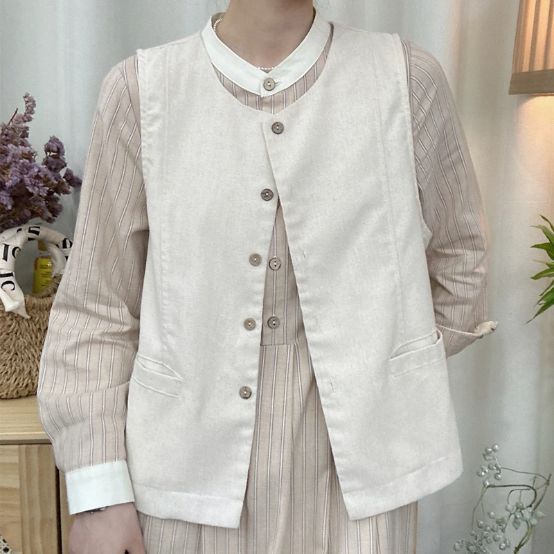 大乔【清风】百搭麻料小马甲休闲纯色马夹小口袋宽松